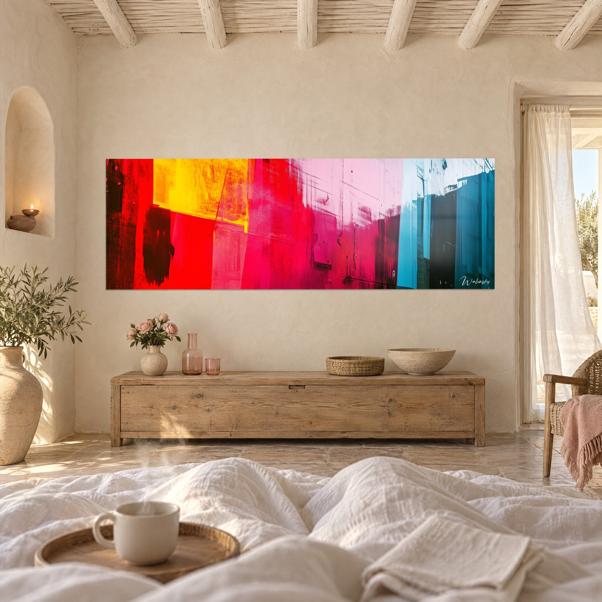 Cuadro pared de colores brillantes magenta, amarillo azafrán y turquesa, goteos de pintura, sobre una cama en un dormitorio luminoso