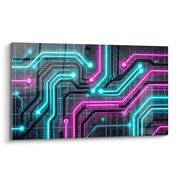 Cuadro de circuitos electrónicos cian y magenta luminosos - Conexiones digitales - Edición de arte callejero neón fluorescente
