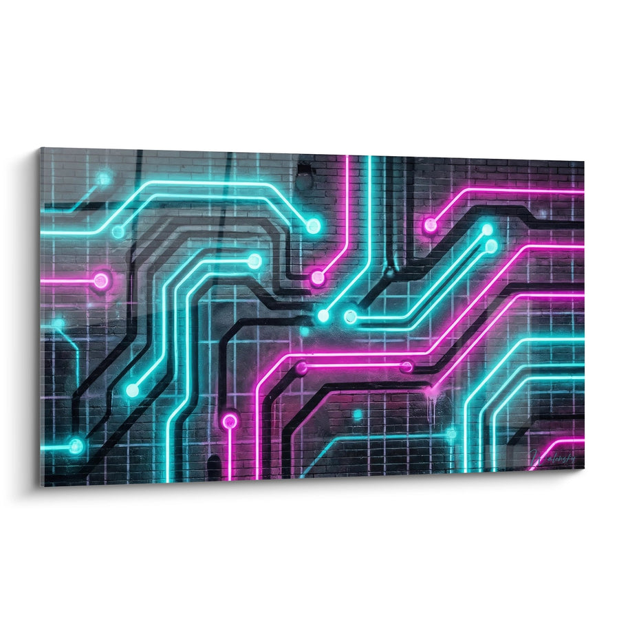 Paneel met lichtgevende cyaan en magenta elektronische schakelingen - Digitale verbindingen - Neon fluo street art editie