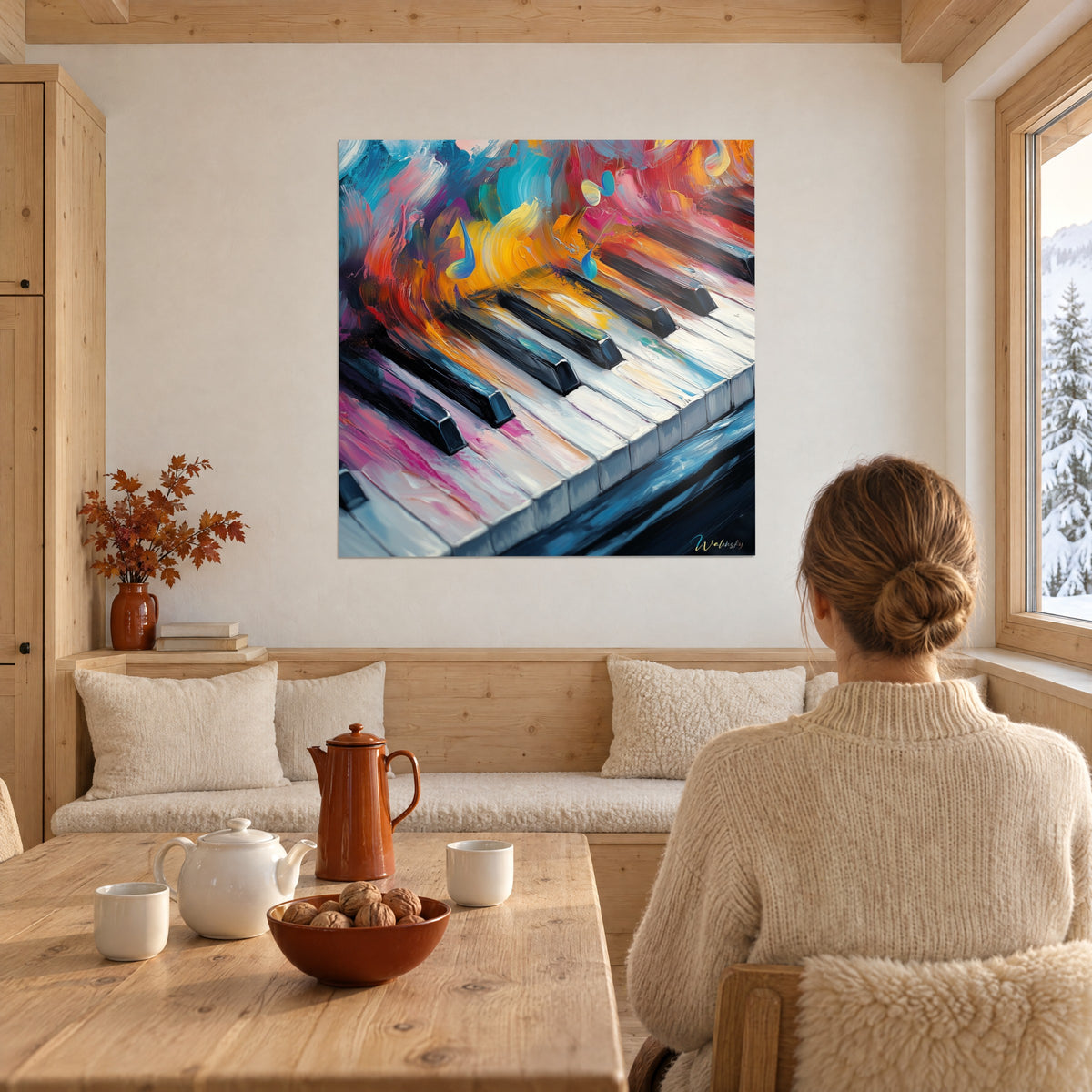 Tableau piano peint au couteau, éclats jaune doré et magenta jaillissant des touches, face à une femme en pull blanc dans un chalet