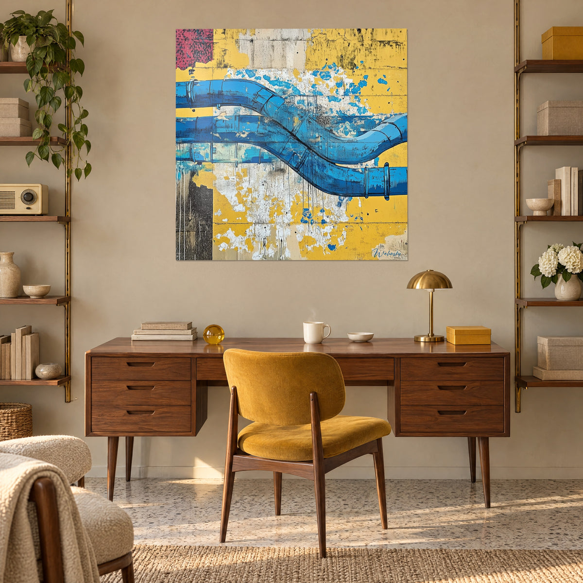 Cuadro de pintura mural de tuberías gruesas azul ultramar, enlucido amarillo y blanco desconchado, colgado sobre un escritorio de madera y un sillón mostaza