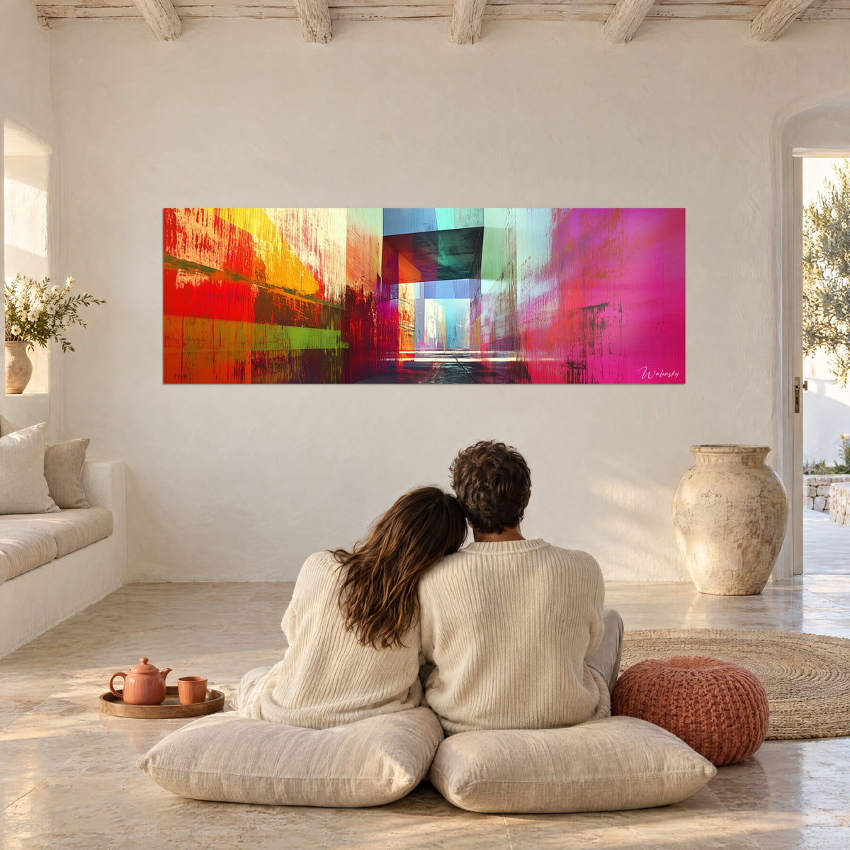 Cuadro corredor de colores vivos con trazos de pincel ásperos, rojo coral y rosa, fondo azul claro, frente a una pareja sentada sobre cojines