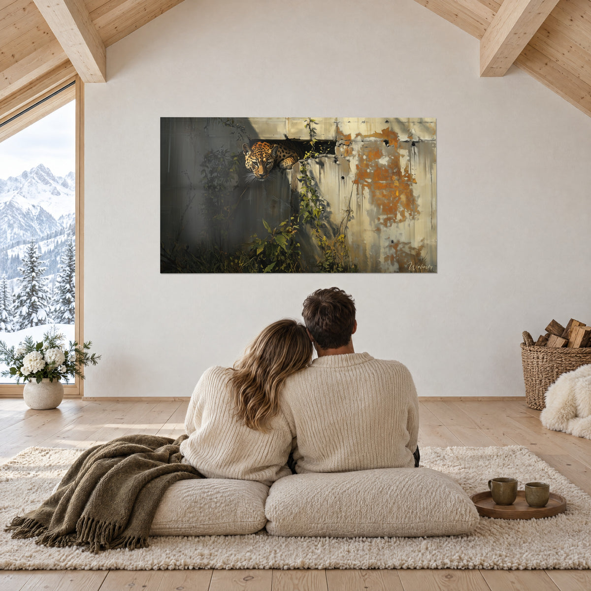 Gemälde gefleckte Raubkatze, die aus einer Maueröffnung auftaucht, goldenes Ocker und Olivgrün, vor einem Paar von hinten in einem Chalet
