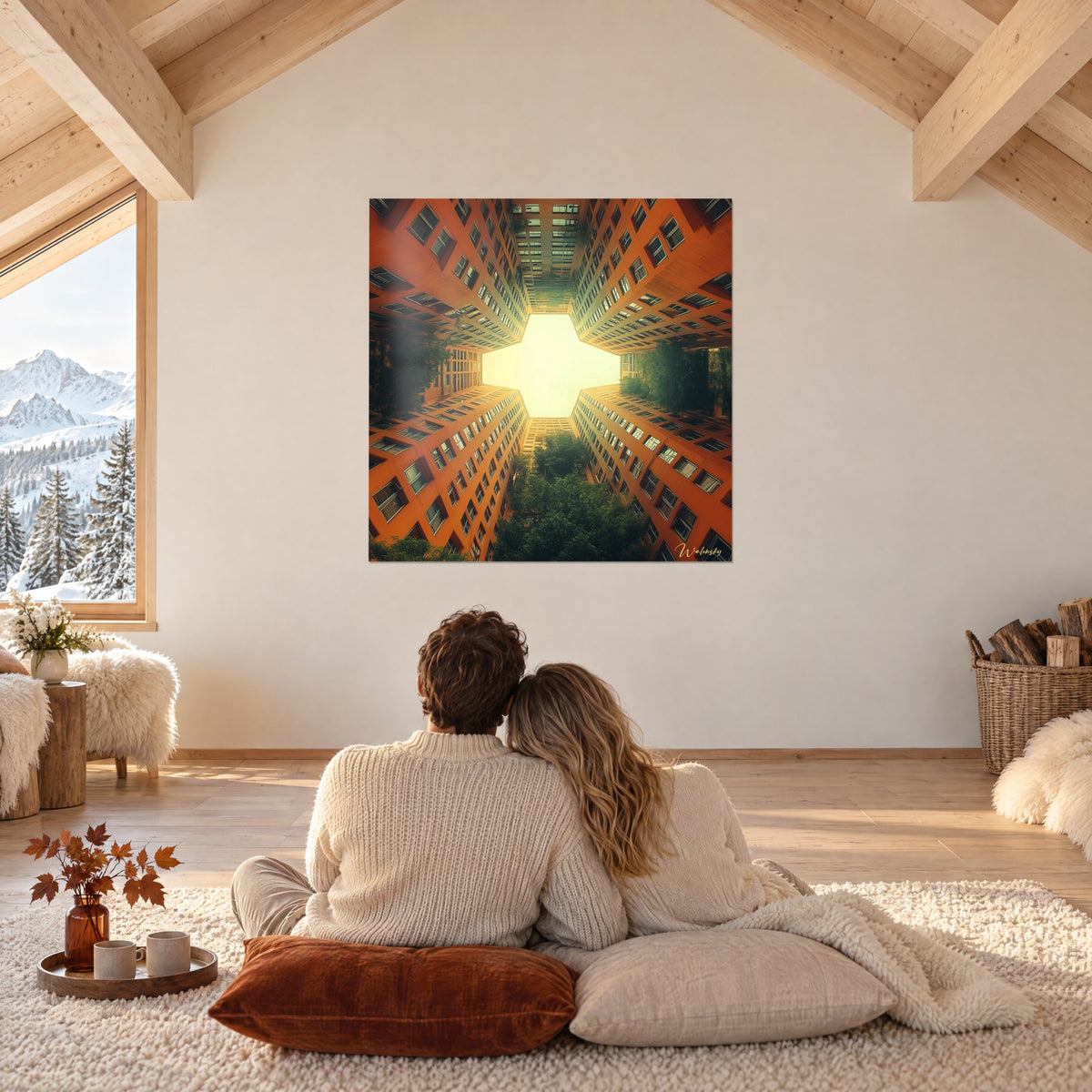 Gemälde eines Lichtschachts zwischen rostfarbenen Wohnblöcken, grüne Baumgruppen, vor einem auf einem Chalet-Teppich sitzenden Paar