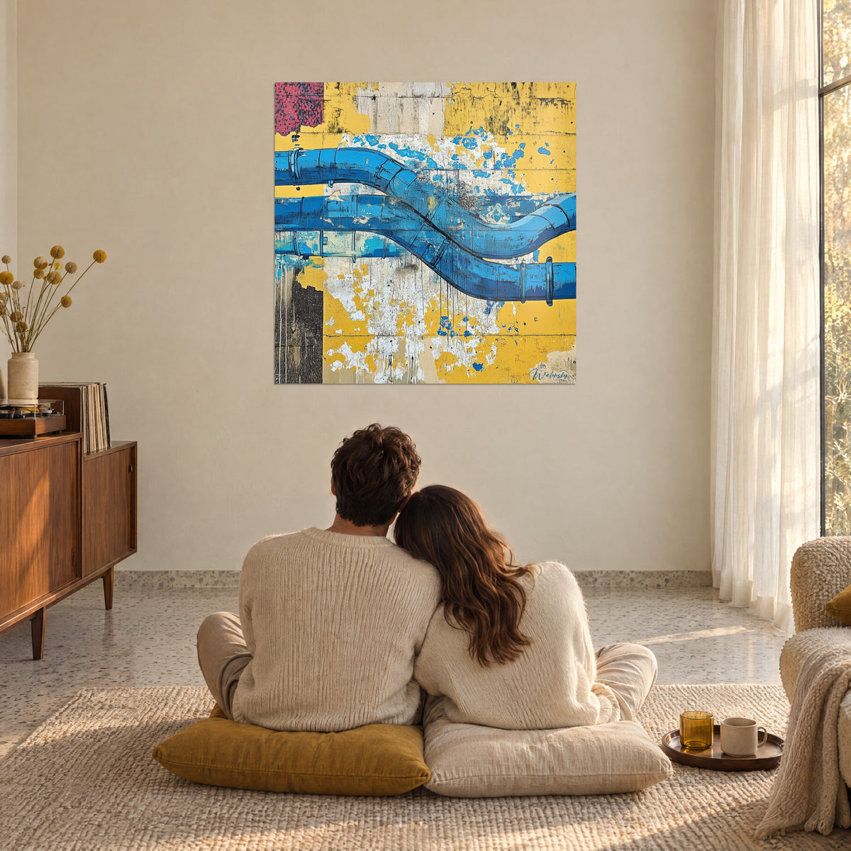 Cuadro de curvas de fontanería azul cielo sobre hormigón amarillo vivo grafiteado, pareja de espaldas sentada en el suelo frente a la pared de un salón bañado de luz