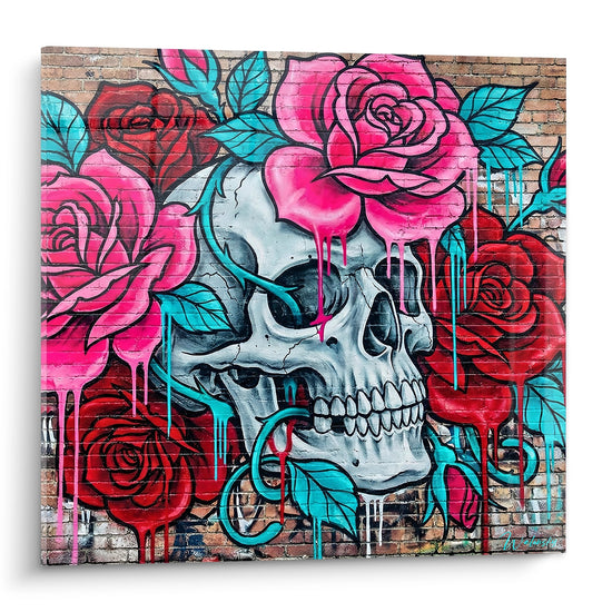 Tableau crâne rose et turquoise sur mur de brique - Symphonie macabre - Edition Street art néon fluo
