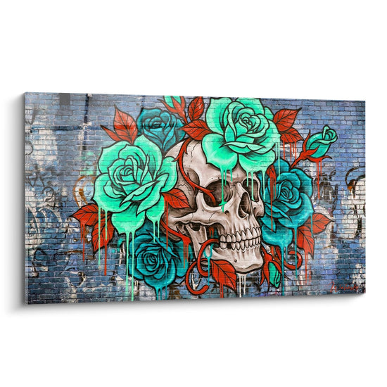 Tableau crâne turquoise et roses rouges sur mur de briques - Memento floral - Edition Street art néon fluo
