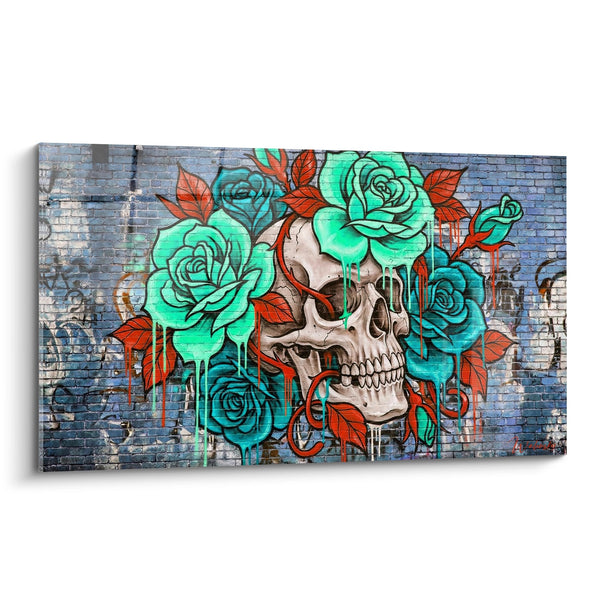 Cuadro de cráneo turquesa y rosas rojas sobre pared de ladrillos - Memento floral - Edición Street art neón fluorescente