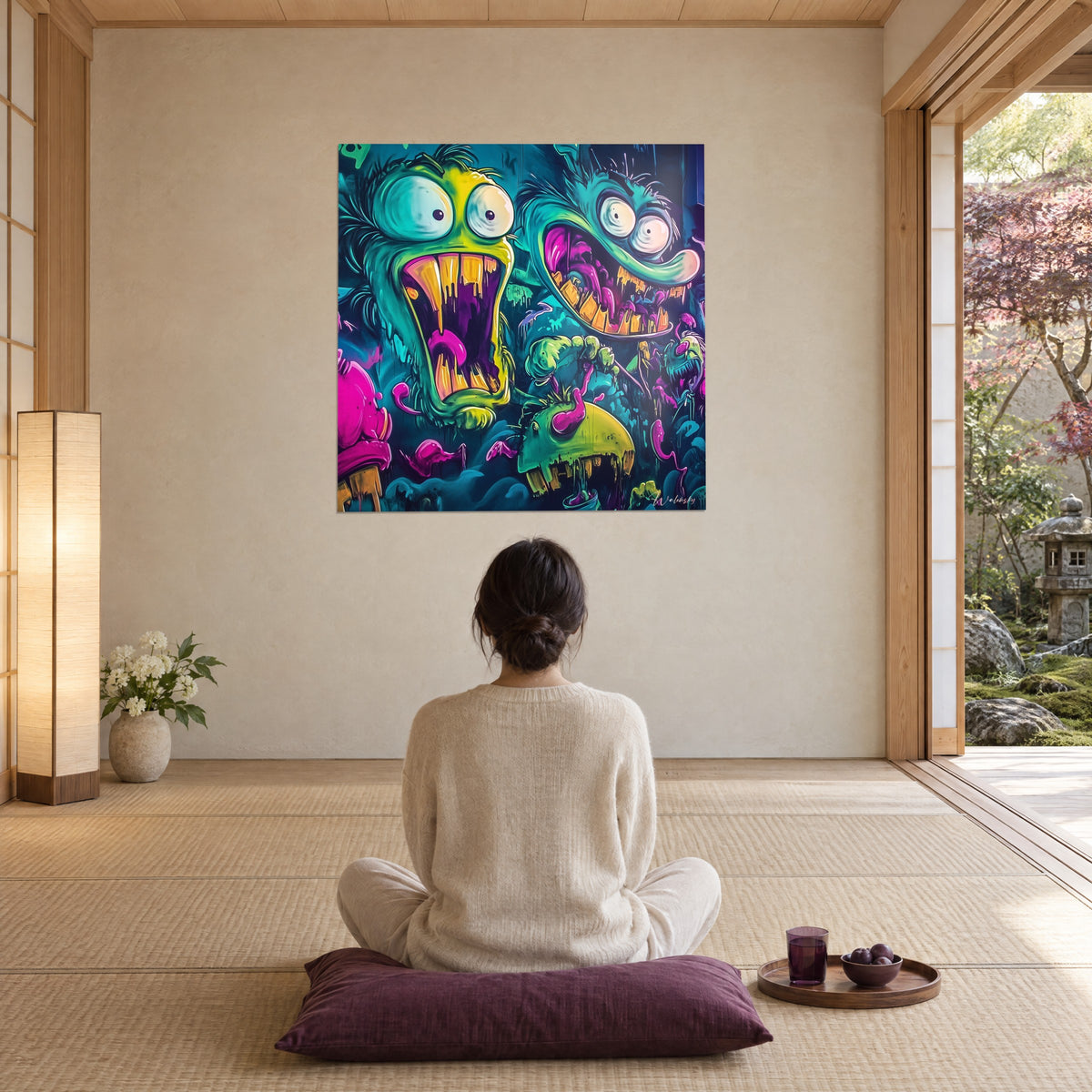Tableau trio de créatures dégoulinantes aux gueules ouvertes, vert pomme et violet, une personne de dos assise sur un coussin