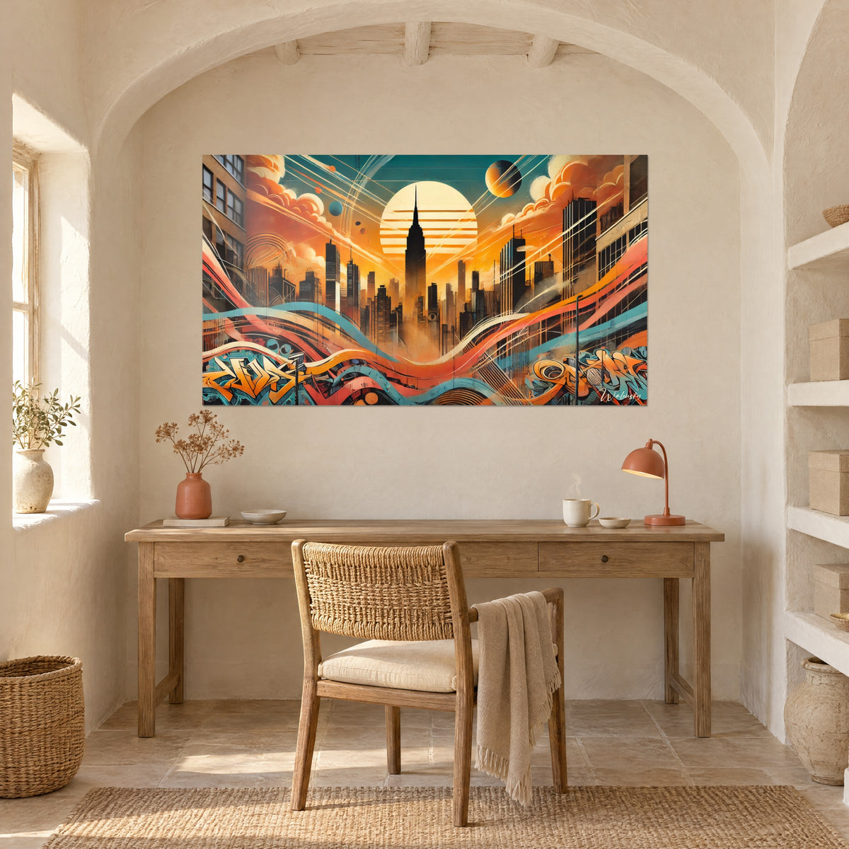 Gemälde retro-futuristisches Stadtpanorama, dunkler Planet an einem blaugrünen Himmel, leuchtendes Orange und Rosa, über einem Holzschreibtisch