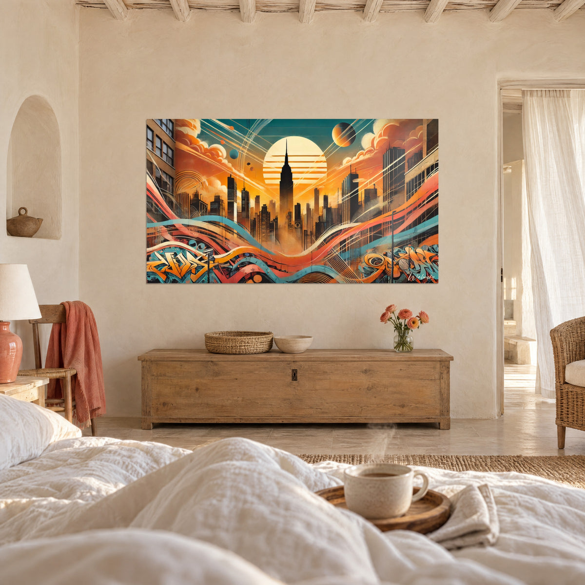 Gemälde New Yorker Skyline in der Dämmerung, orange Wolken und Korallenbänder, über einem Bett in einem hellen Schlafzimmer