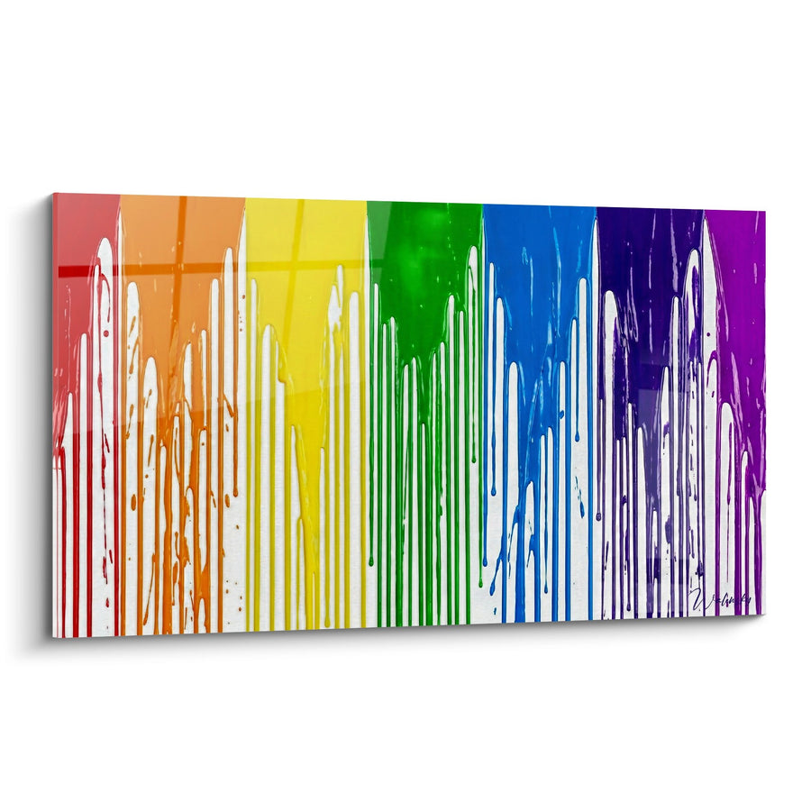 Schilderij, veelkleurige regenboogdruppels op een witte achtergrond - Chromatische waterval - Street art dripping spatten editie