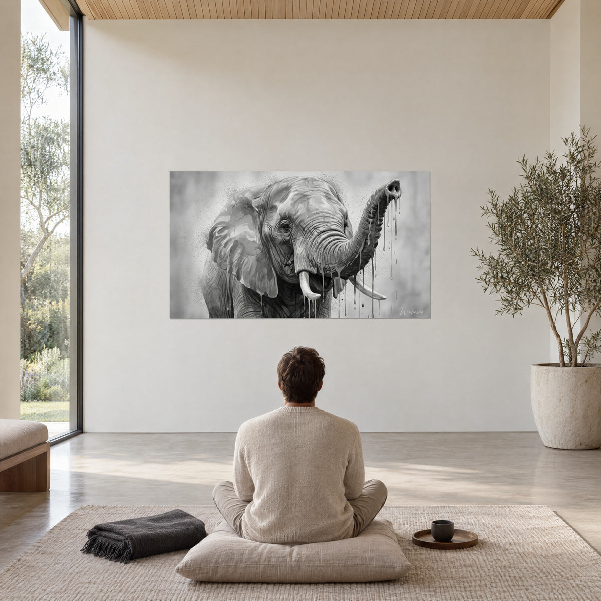 Tableau trompe dressée et gouttes d'encre, tons gris et ivoire, face à une personne en méditation sur un coussin dans une pièce zen