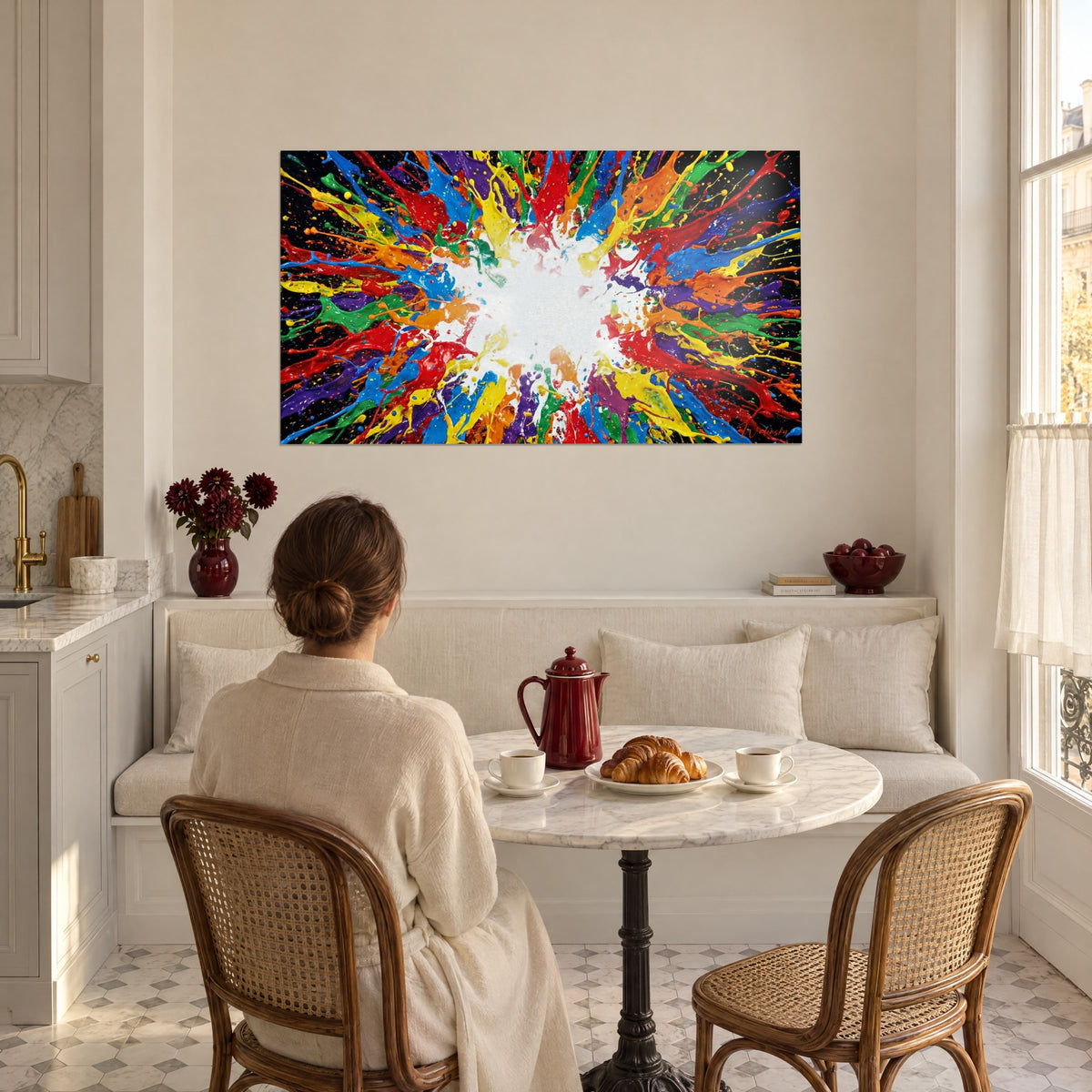 Quadro getti di colore frizzanti viola e arancioni su sfondo nero, di fronte a un tavolo rotondo in un angolo pranzo parigino