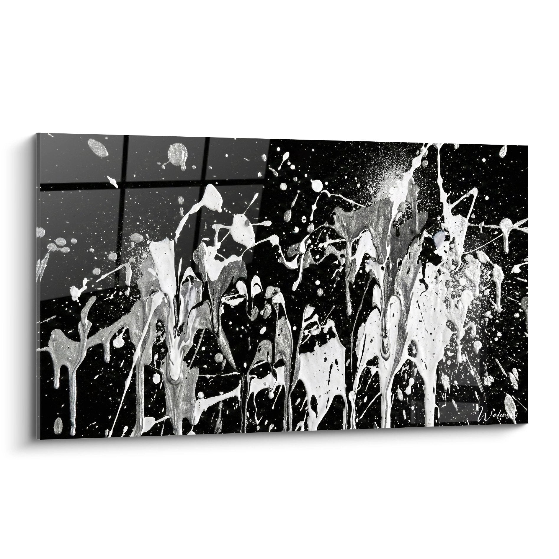 Tableau street art triptyque éclaboussures noires et blanches sur fond sombre mouvement dynamique