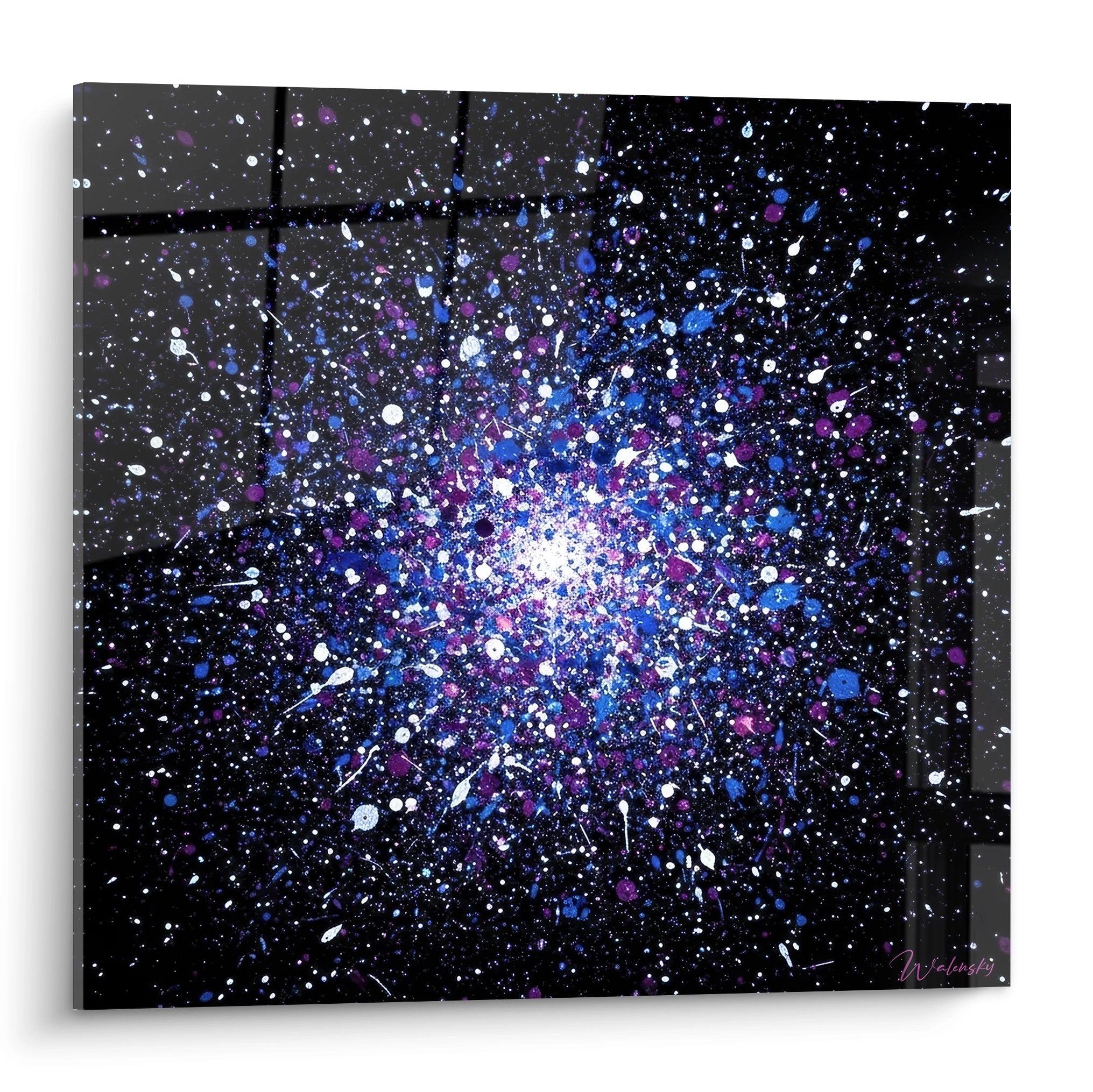 Tableau street art explosion cosmique violet bleu eclaboussures dripping galaxie fond noir etoiles