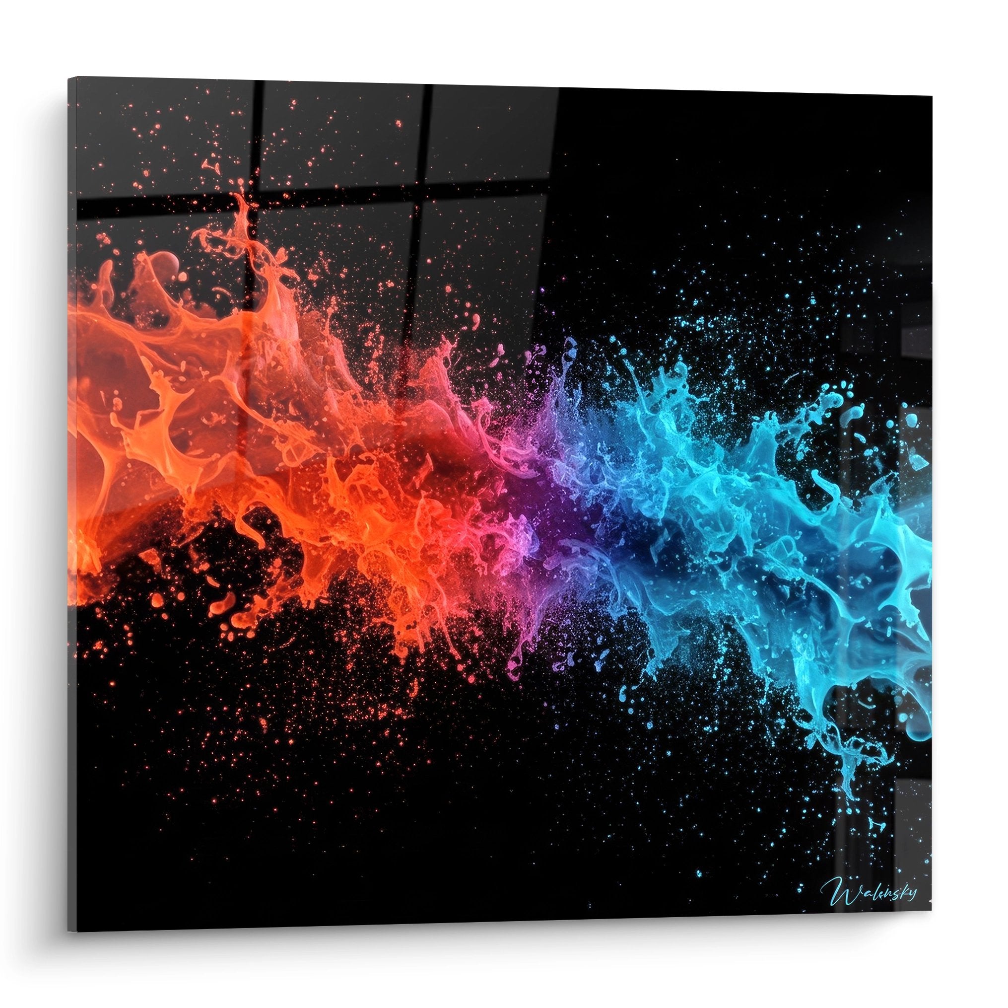 tableau mural street art explosion rouge orange bleu cyan eclaboussures fond noir decoration moderne