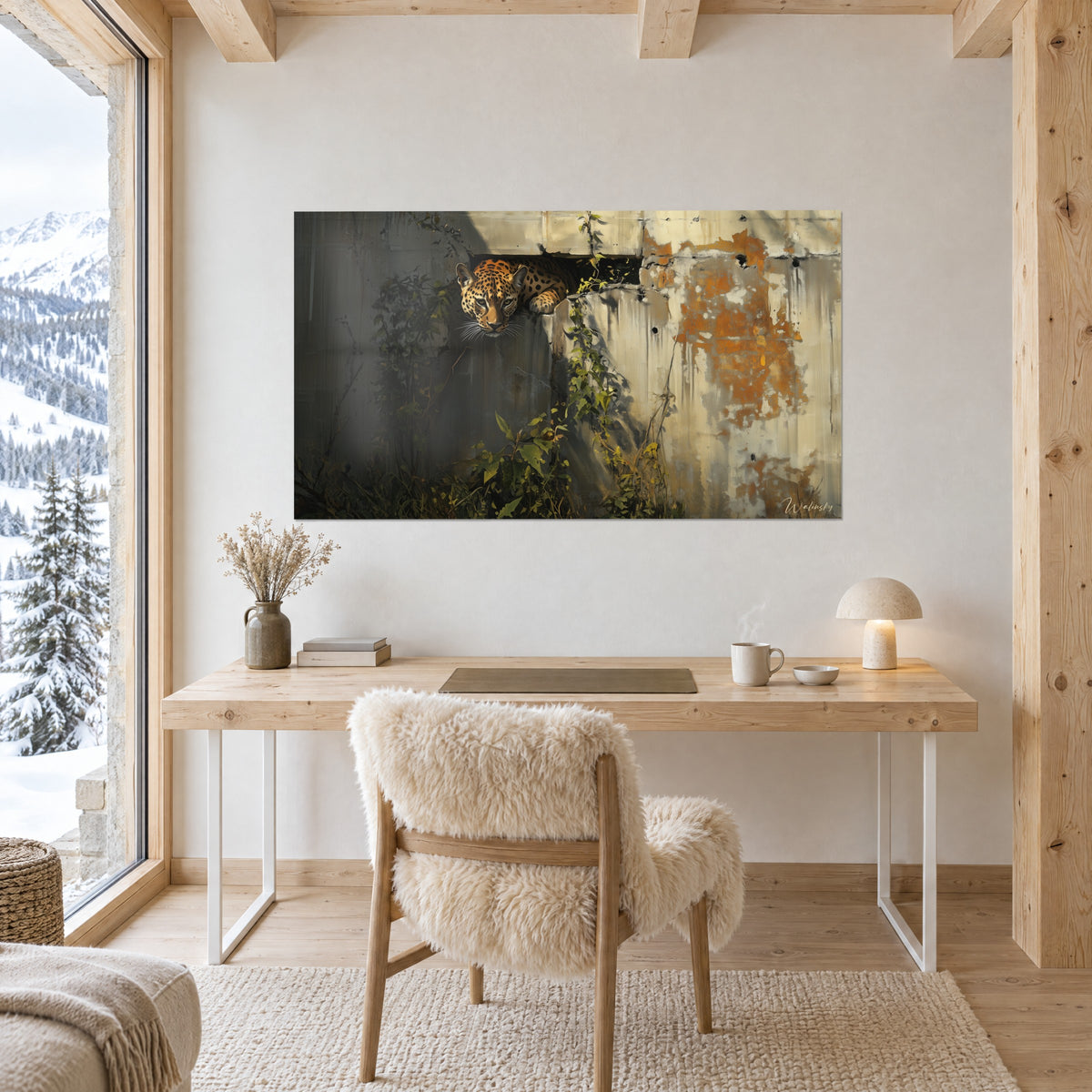 Gemälde Schattenjäger, Leopard mit durchdringendem Blick auf grauem Beton und orangefarbenen Rostspuren, über einem Schreibtisch aus hellem Holz