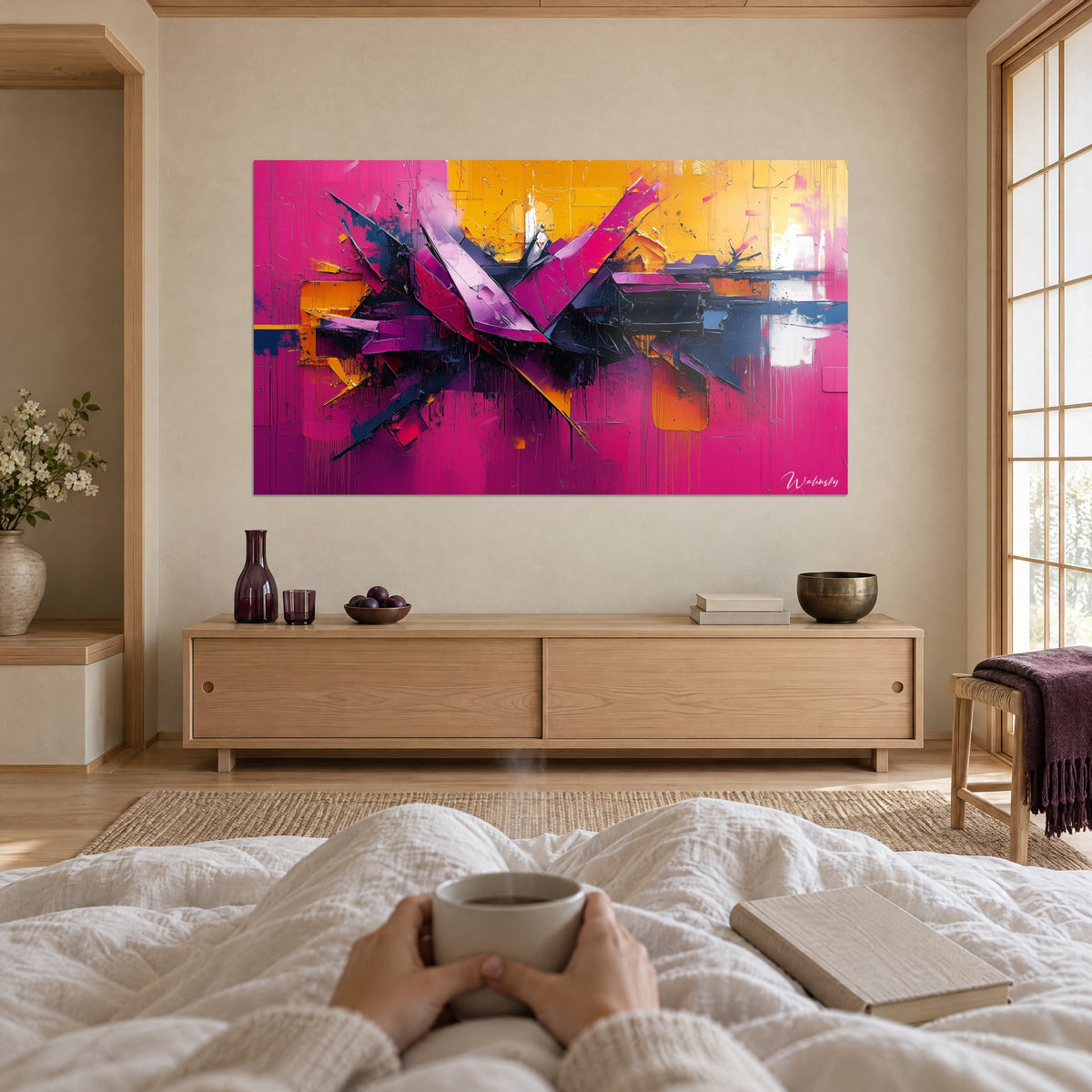 Quadro composizione astratta rosa vivo, giallo senape e blu navy, mani che reggono una tazza sopra un letto in una camera luminosa