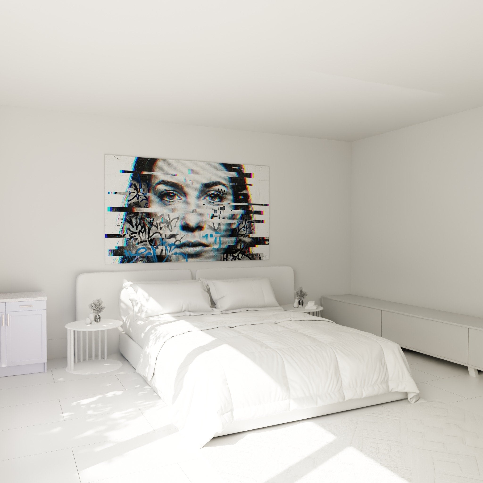 Tableau portrait street art femme glitch dans chambre moderne mur sombre décoration urbaine contemporaine