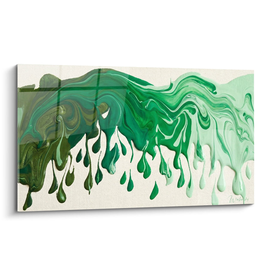 Schilderij vloeibare groene druppels op beige canvas - Smaragdgroene waterval - Street art dripping spatten editie