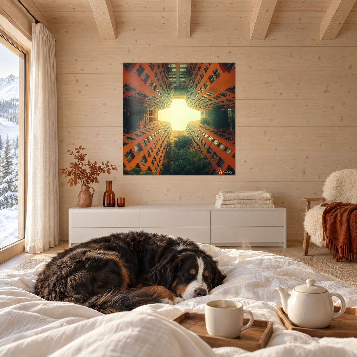 Gemälde eines Innenhofs aus terrakottafarbenen Wohnblöcken und einem Kreis aus leuchtend gelbem Himmel, dunkles Grün, über einem Bett in einem hellen Schlafzimmer