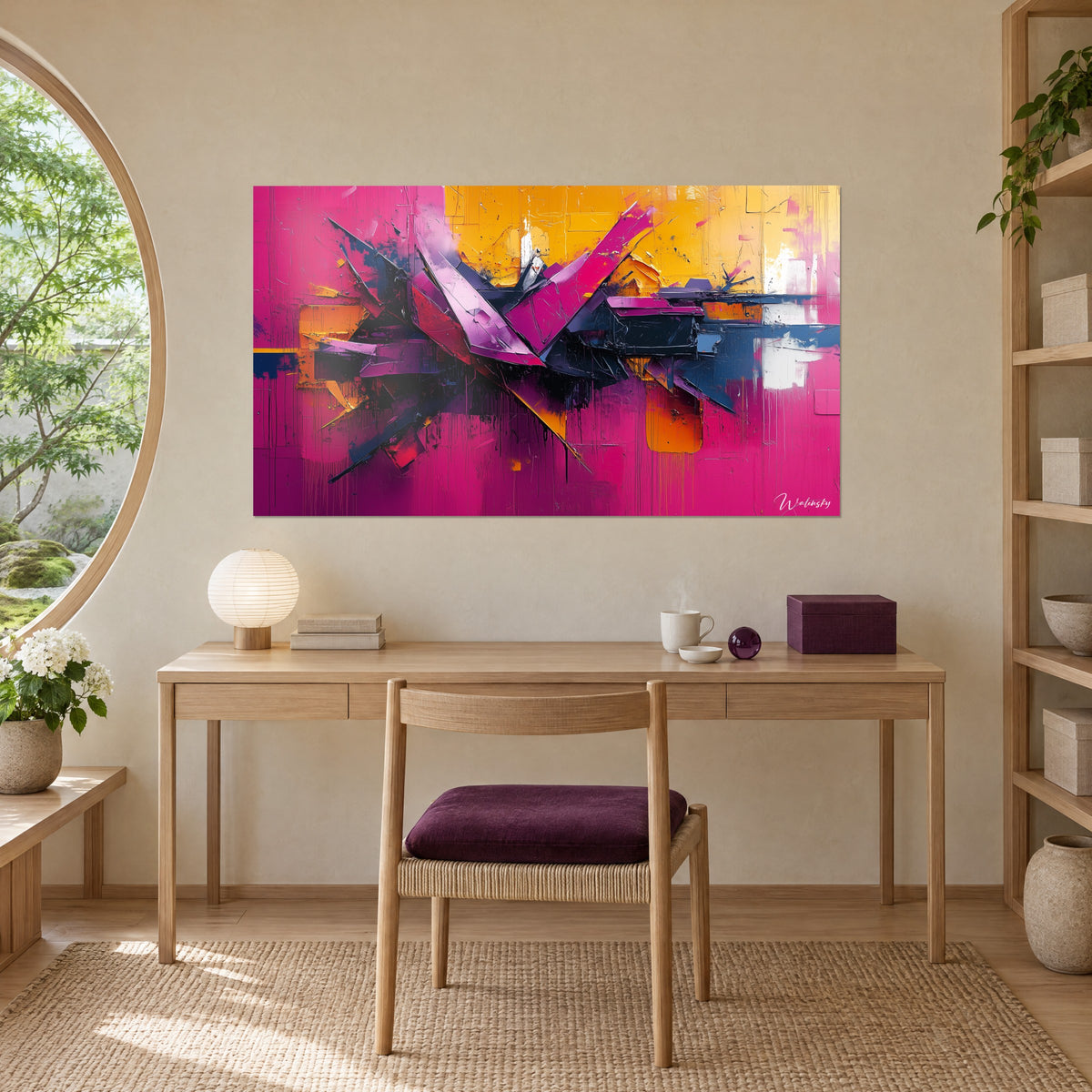 Quadro pittura gestuale con frammenti fucsia e indaco, colature scure su giallo dorato, appeso sopra una scrivania in legno chiaro