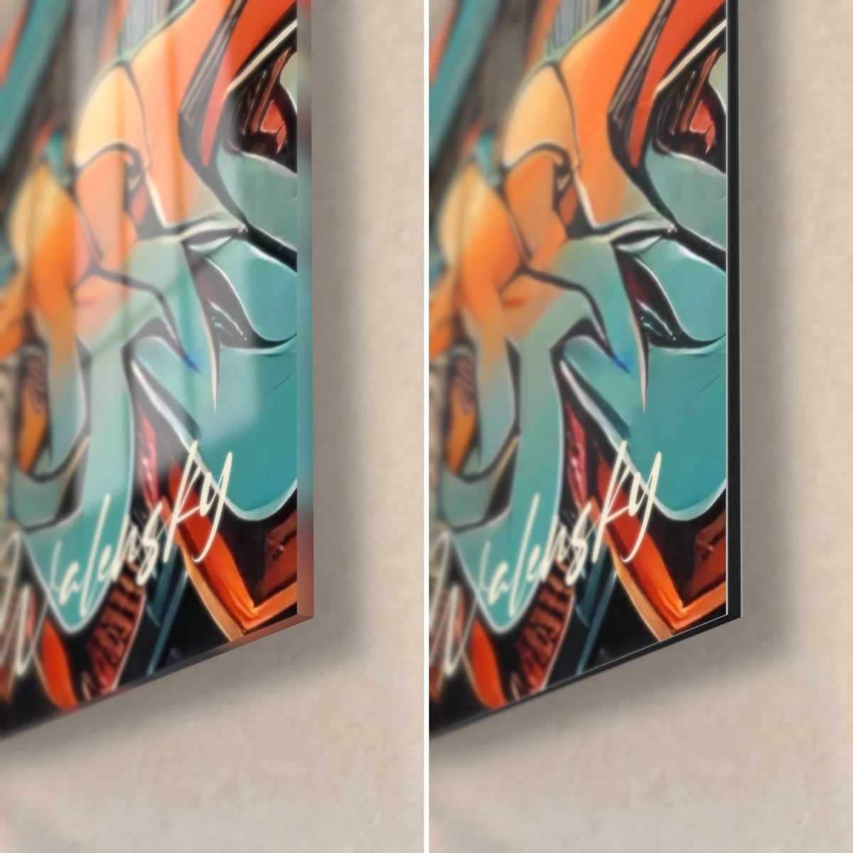 Gemälde Graffiti mit türkisen und orangefarbenen Bubble-Buchstaben, untere rechte Ecke: glänzendes Glas links, mattes Dibond rechts, 3 mm Kante