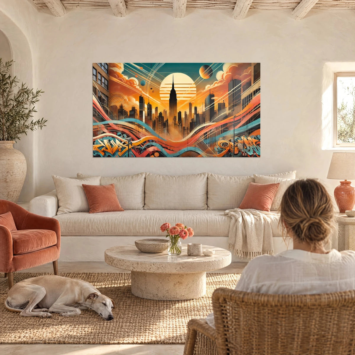 Tableau gratte-ciel new-yorkais sous un soleil orange géant, tons turquoise et corail, au-dessus d'un canapé dans un salon lumineux