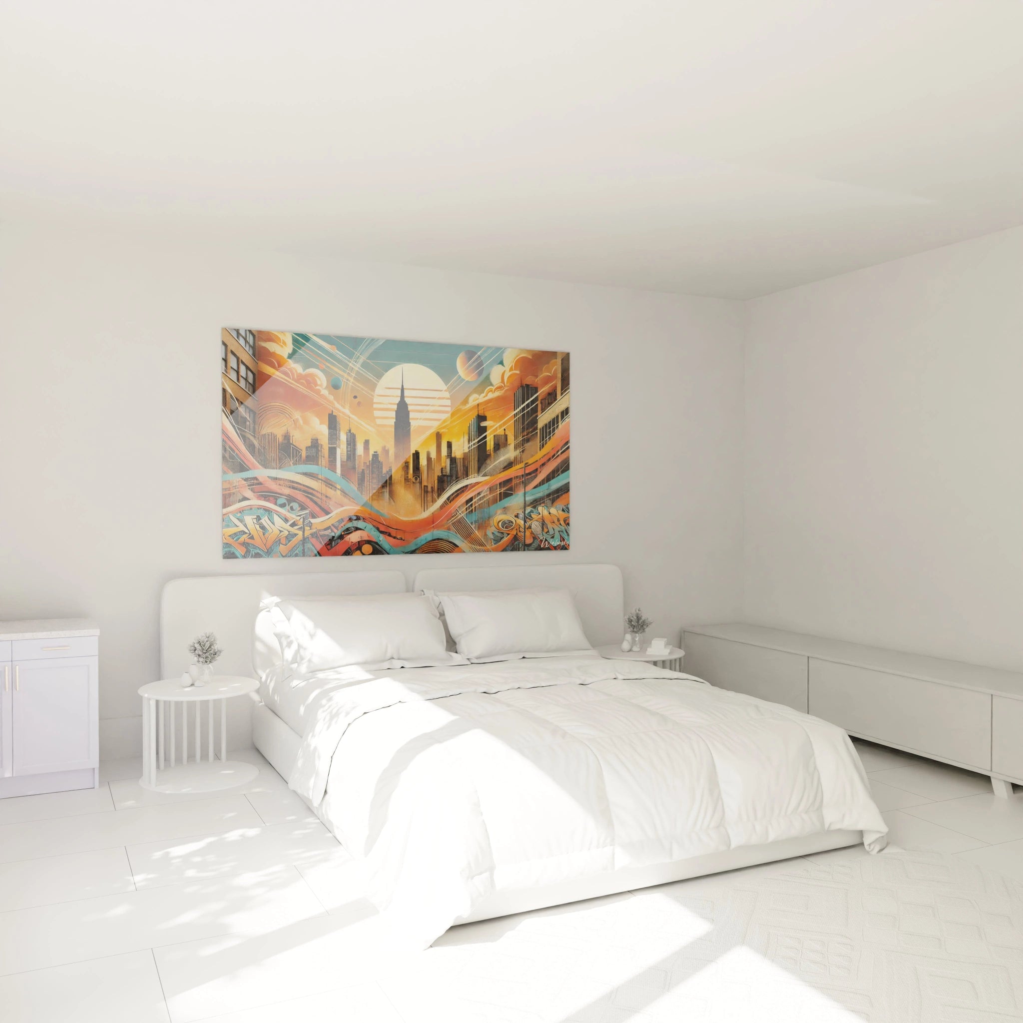 Ce tableau street art au-dessus du lit transforme une chambre en un espace vibrant, mêlant art urbain et sérénité moderne.

