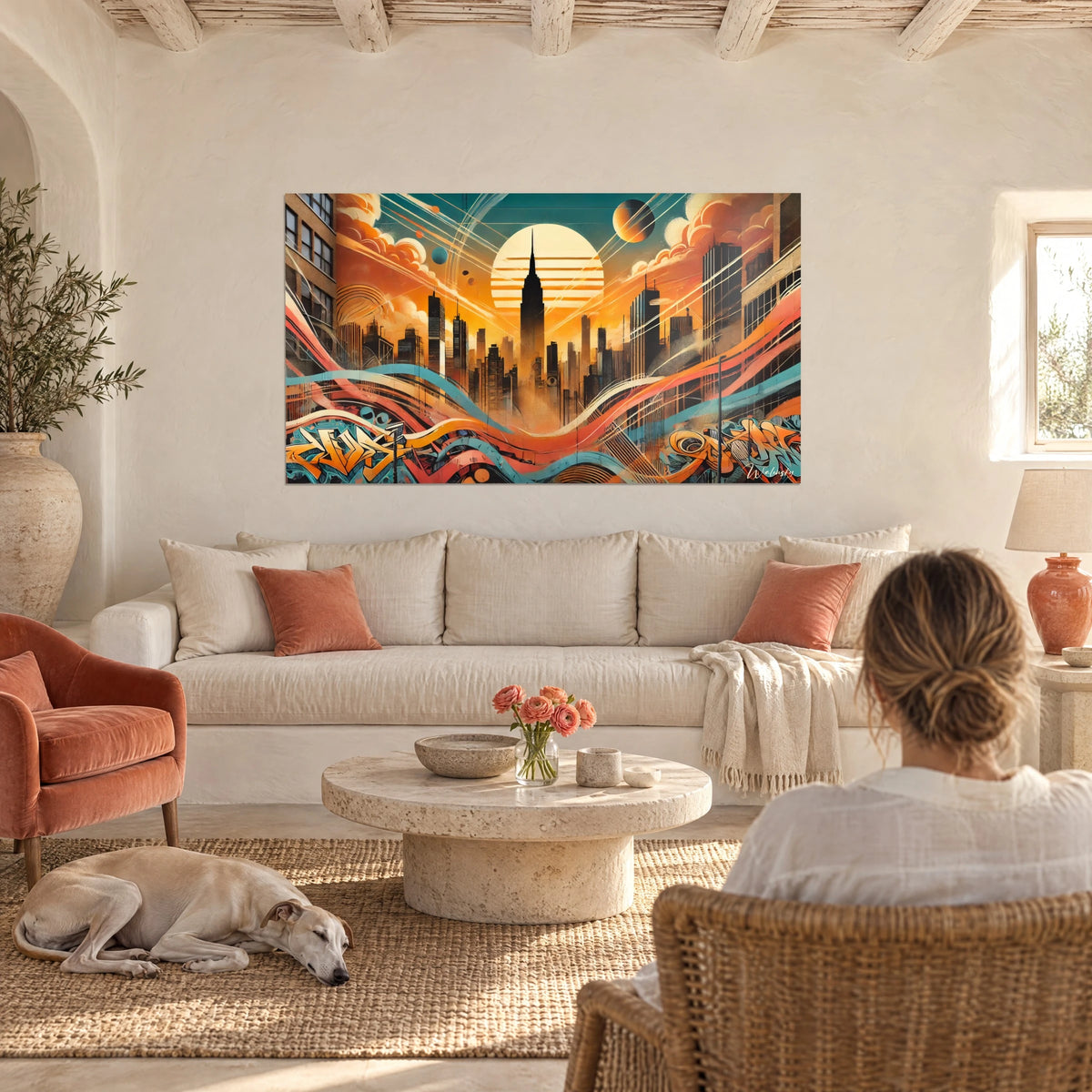 Gemälde New Yorker Wolkenkratzer unter einer riesigen orangefarbenen Sonne, Türkis- und Korallentöne, über einem Sofa in einem hellen Wohnzimmer