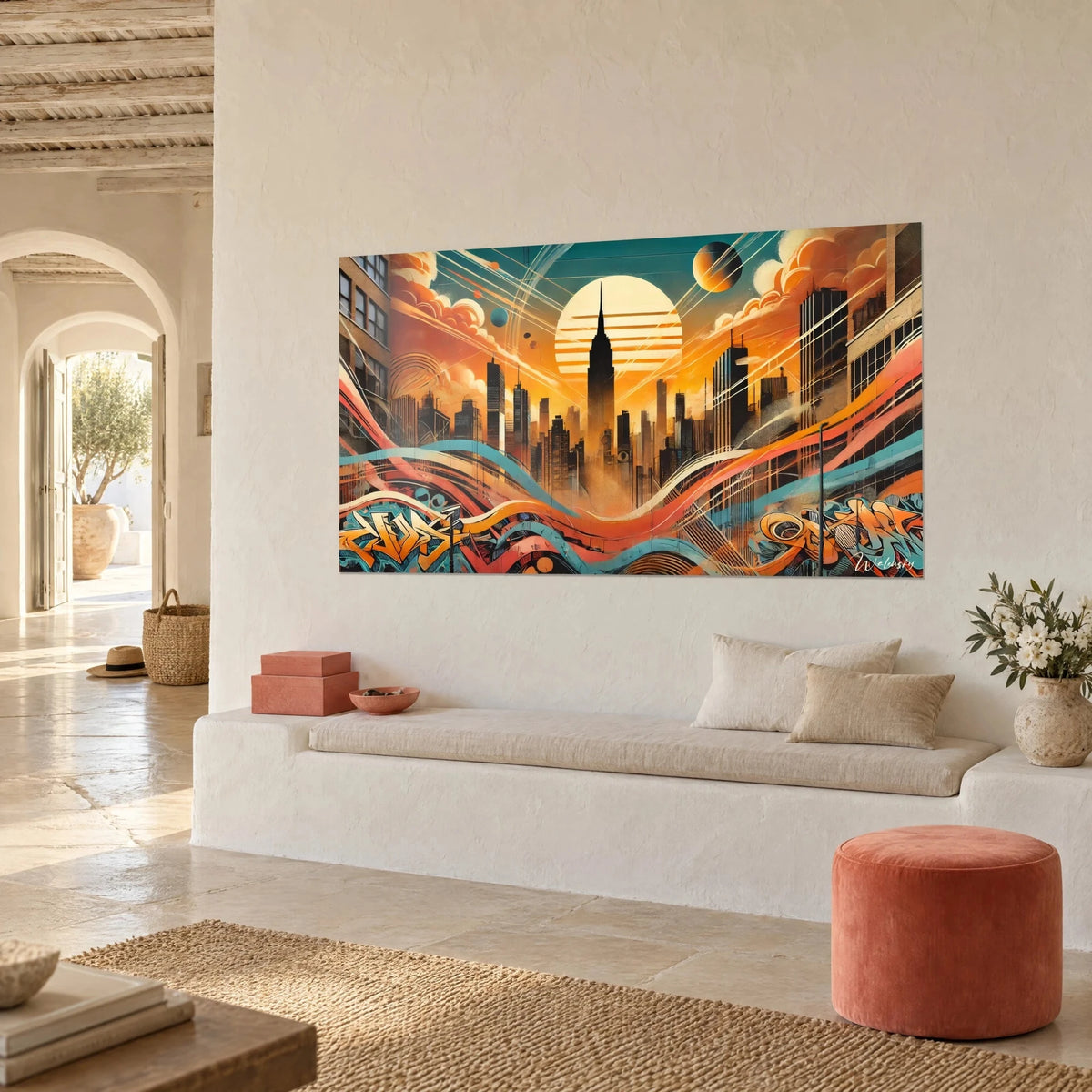 Tableau métropole stylisée à flèche noire, soleil crème rayé et planètes, orange et bleu sarcelle, sur un mur en chaux blanche
