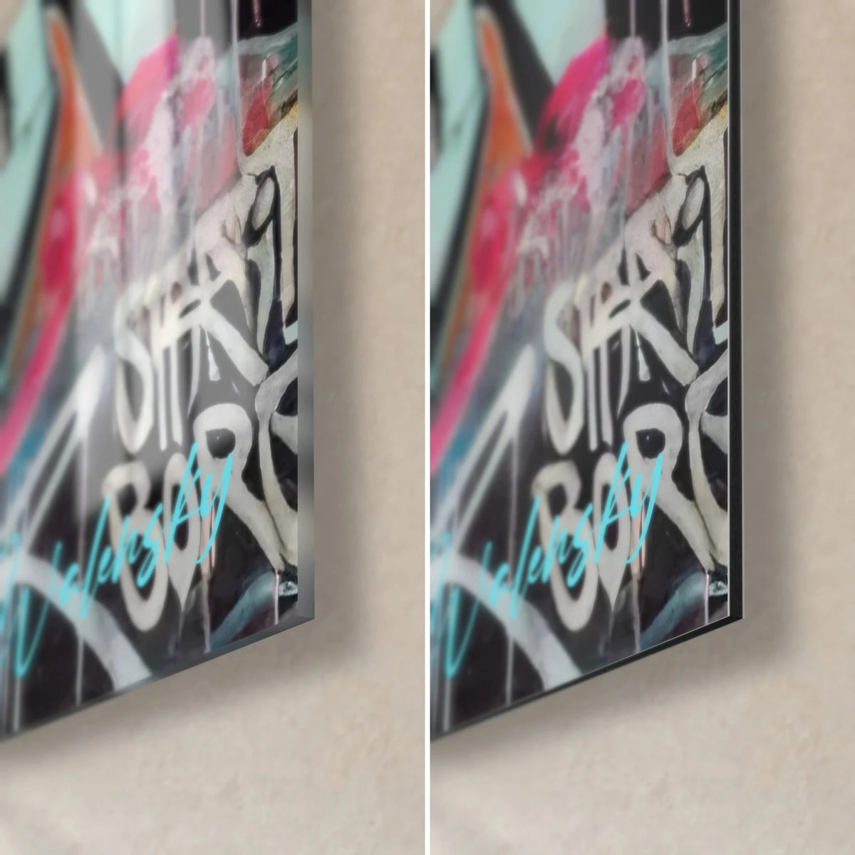 Tableau cœur graffiti, coin bas droit : lettres blanches sur fond noir et rose, verre brillant à gauche, Dibond mat à droite