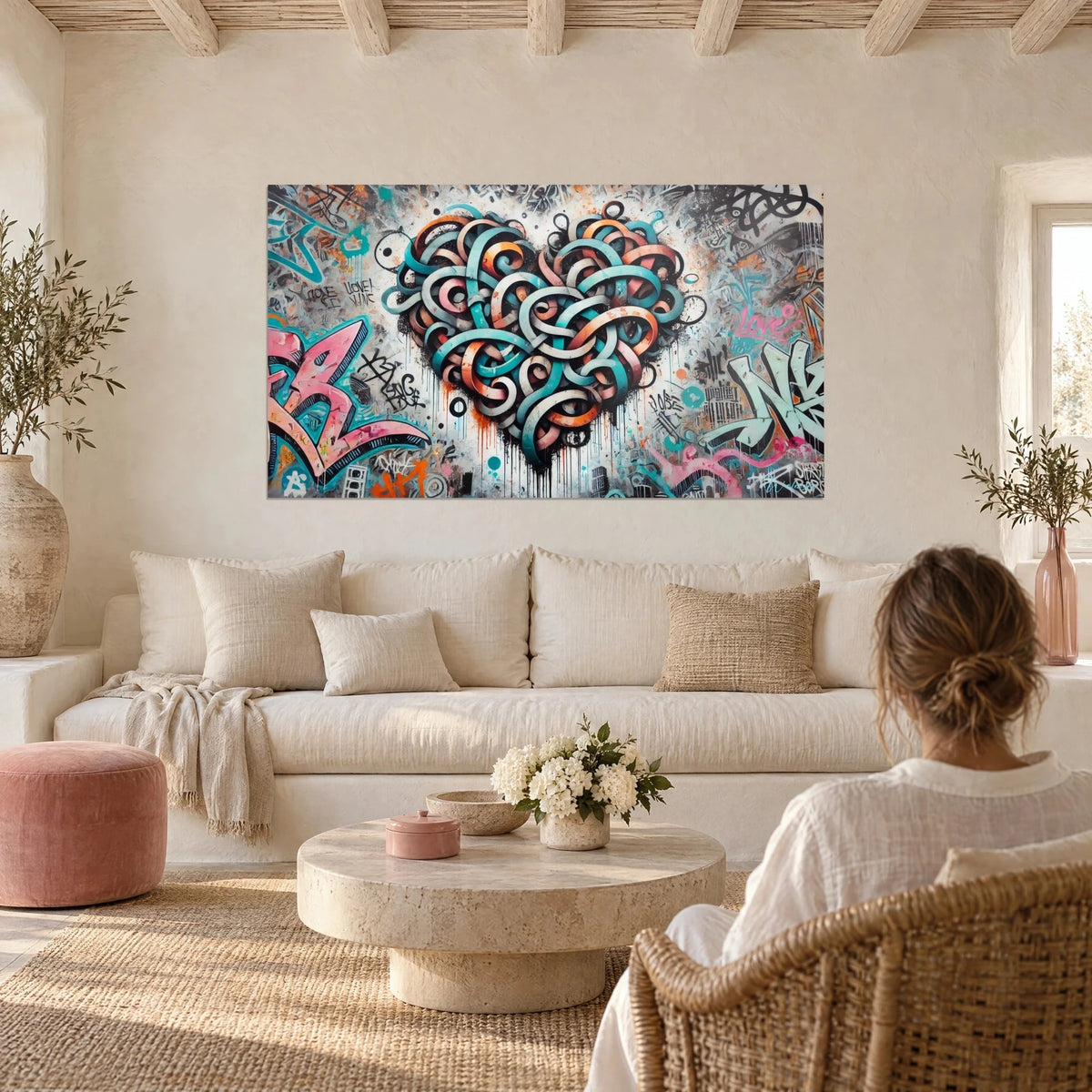 Tableau cœur de rubans entrelacés turquoise et orange sur mur graffité, au-dessus d'un canapé dans un salon lumineux