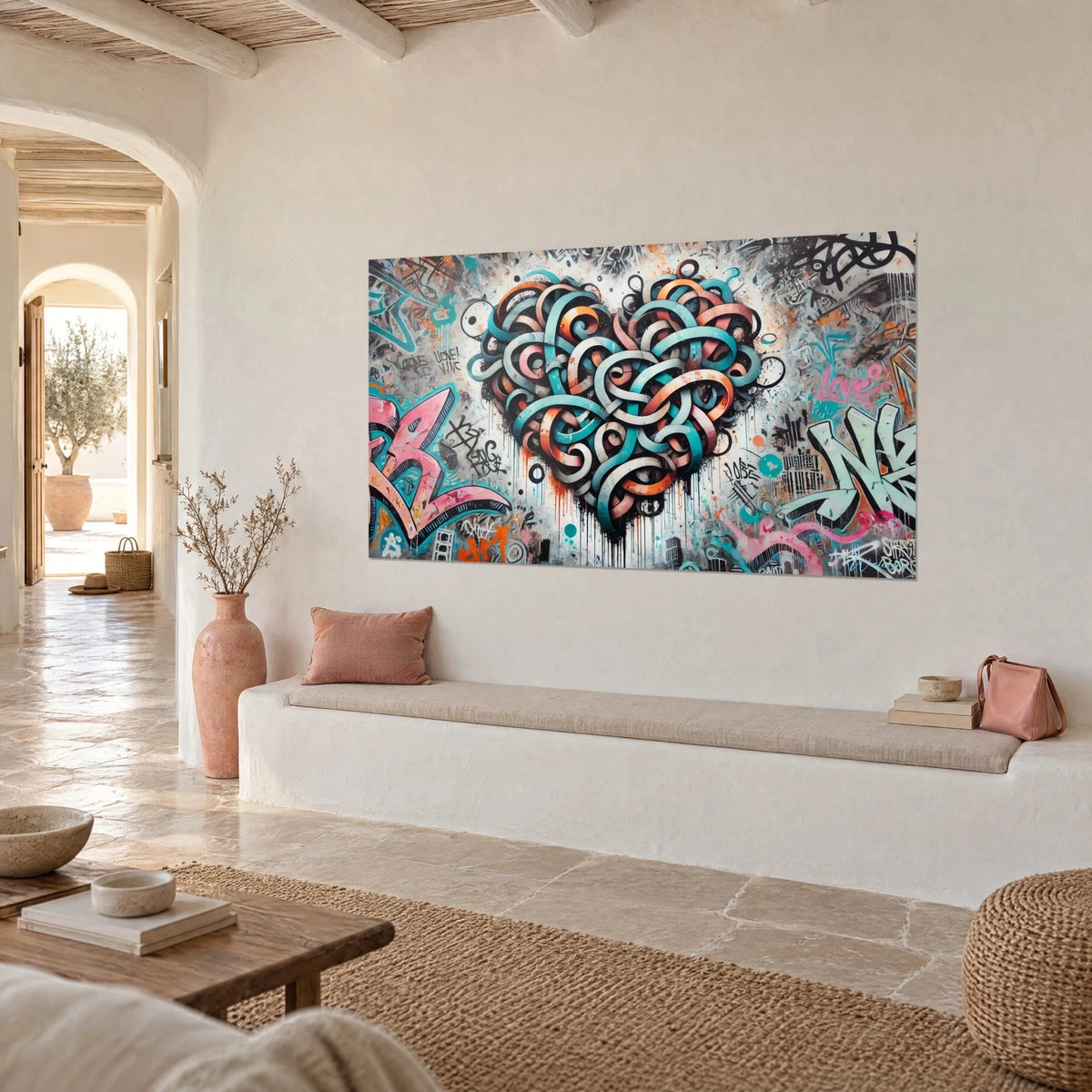 Tableau coeur de graffiti aux boucles turquoise et rose poudré, coulures noires, sur mur blanc d'une maison méditerranéenne