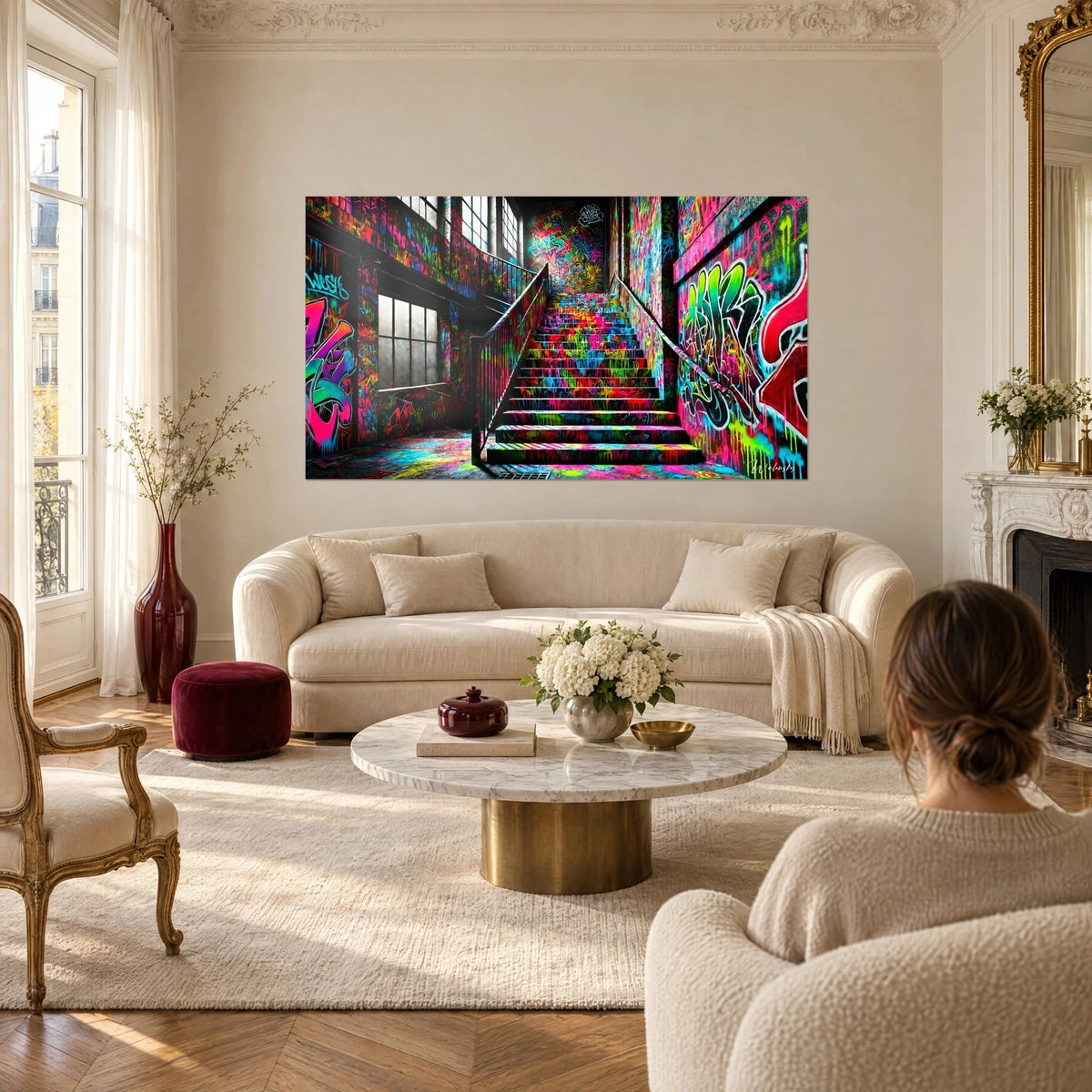 Gemälde Treppenhaus voller Neon-Graffiti, rosa, grüne und blaue Stufen, eine Frau von hinten über einem Sofa in einem hellen Wohnzimmer