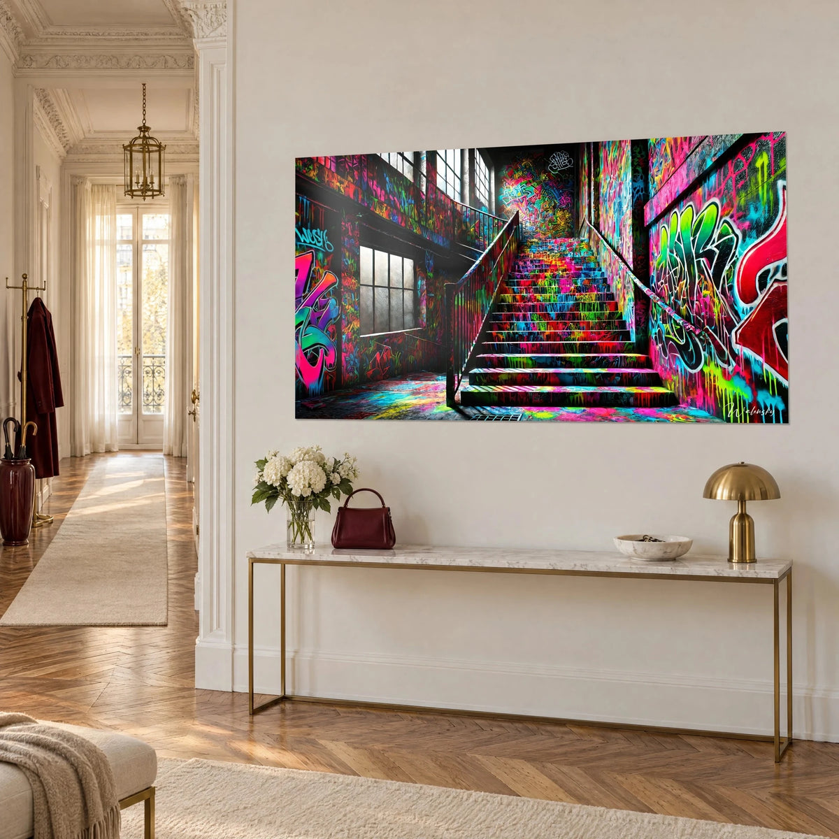 Gemälde Treppenhaus mit fluoreszierenden Graffiti-Schlieren, schwarzes Geländer, graues Glasdach, Dreiviertelansicht in einem Haussmann-Eingang