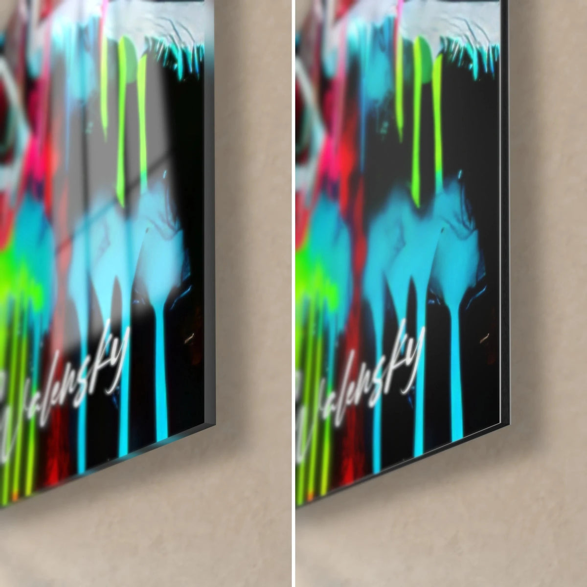 Gemälde Graffiti mit türkisfarbenen und säuregrünen Schlieren, untere rechte Ecke: glänzendes Glas links, mattes Dibond rechts, 3 mm Kante