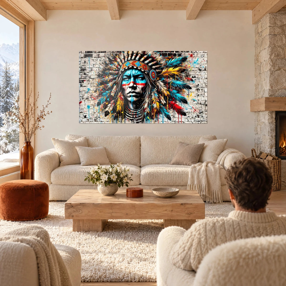Schilderij indianenhoofdman met turquoise en rood beschilderd gezicht, gele veren, bakstenen muur, boven de bank in een lichte woonkamer