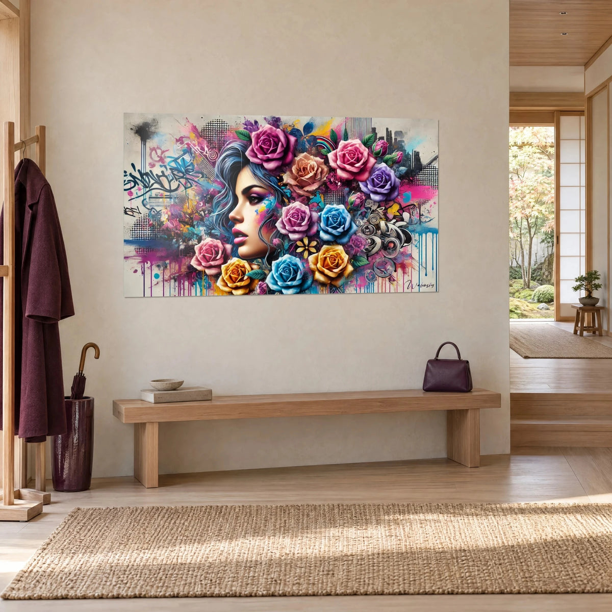 Quadro di rose fucsia e azzurro cielo intorno a un profilo femminile, colature di vernice, parete beige accanto a una panca in legno chiaro