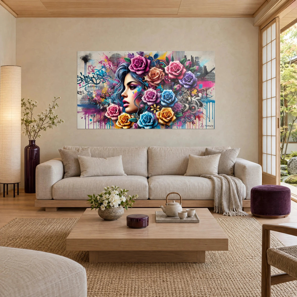 Quadro ritratto di donna dai capelli blu circondata da rose rosa e gialle, graffiti, sopra un divano in un soggiorno luminoso