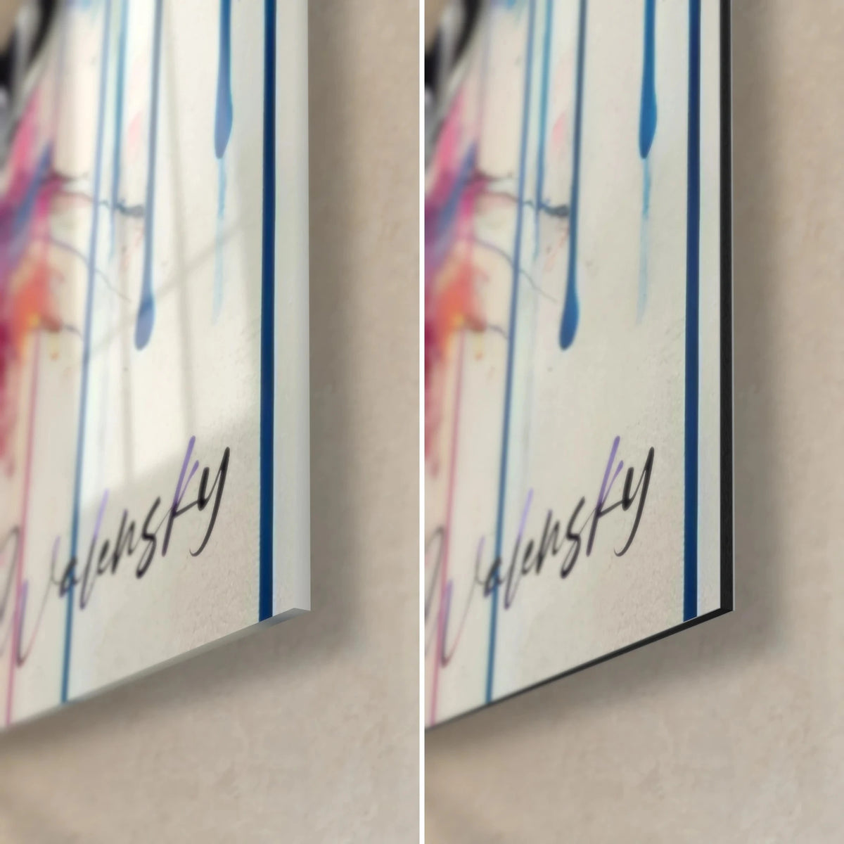 Quadro profilo di donna dalle labbra rosa, in basso a destra: colature blu e firma Walensky, vetro acrilico lucido e Dibond opaco
