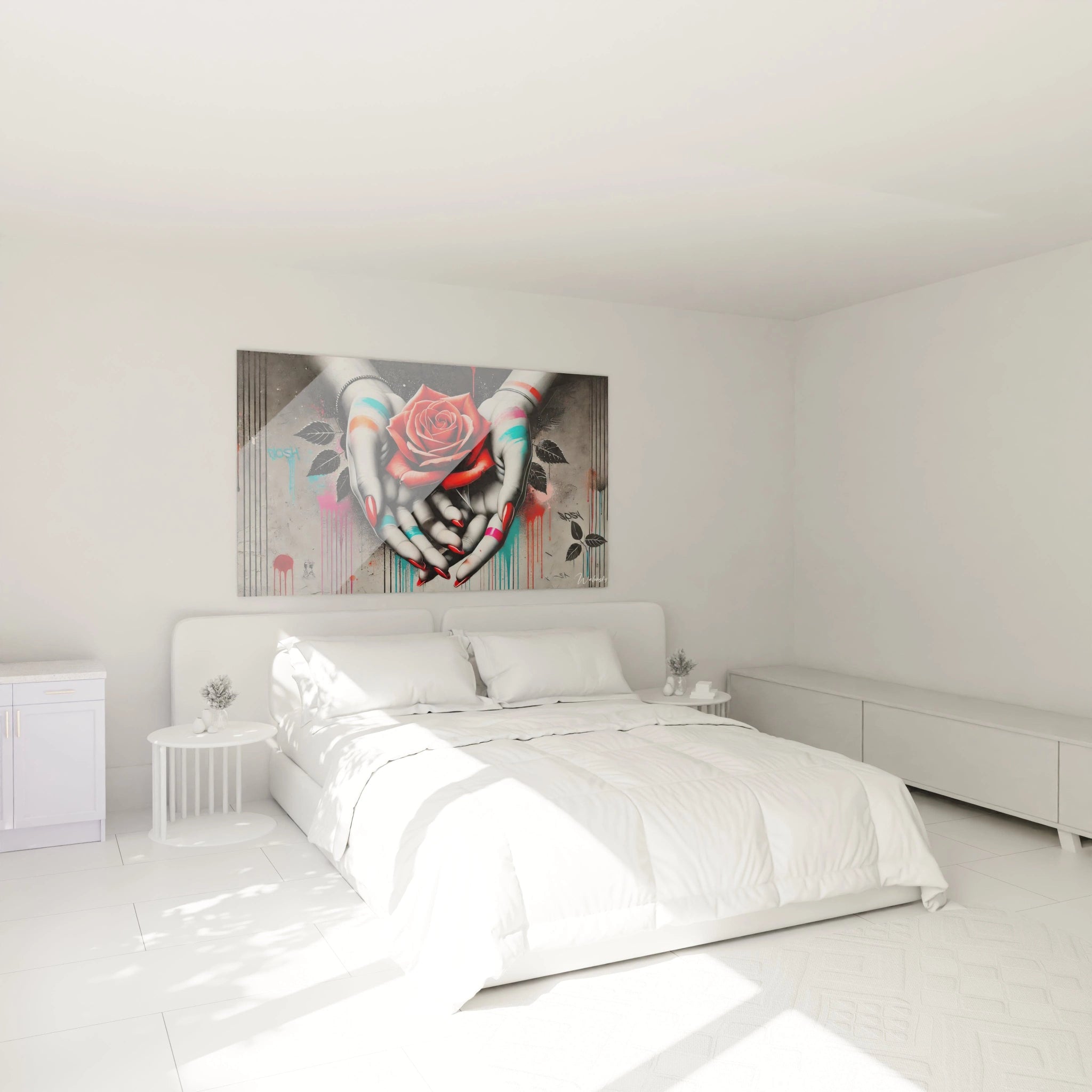 Accroché au-dessus du lit, ce tableau street art apporte une touche urbaine et poétique à votre chambre. Une rose vibrante et des contrastes saisissants pour une ambiance unique et captivante.

