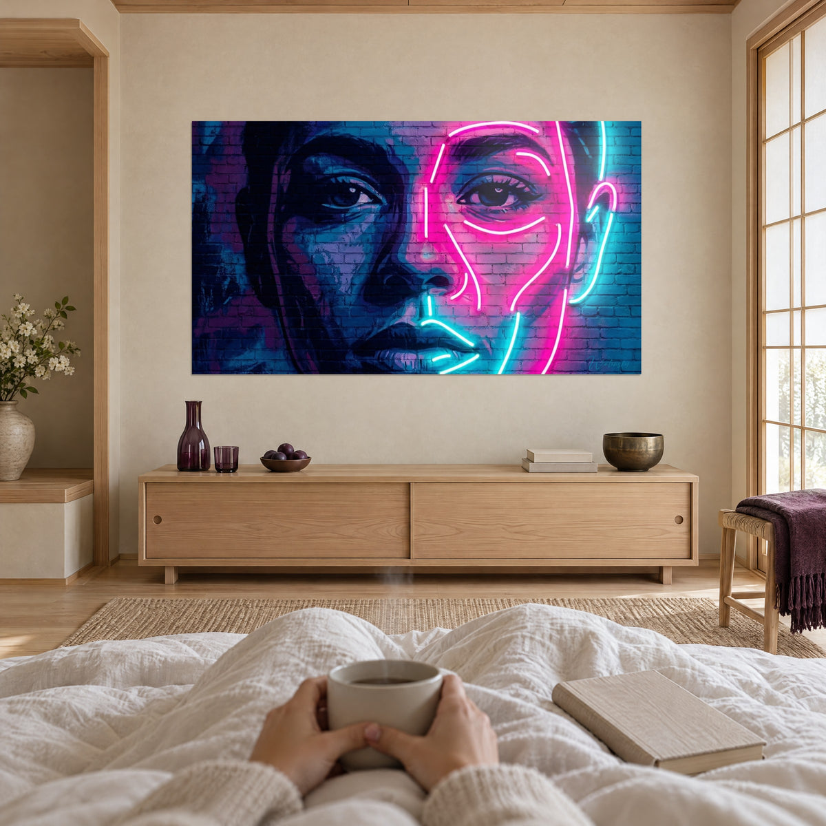 Quadro giovane donna con graffiti al neon rosa e ciano su un muro di mattoni, due mani che reggono una tazza, sopra un letto in una camera luminosa