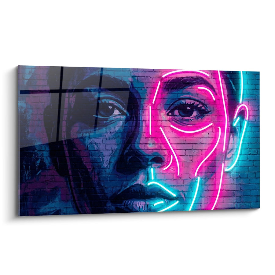 Schilderij vrouwengezicht roze en turquoise neonlichten op bakstenen muur - Stedelijke gloed - Neon fluorescerende streetart editie