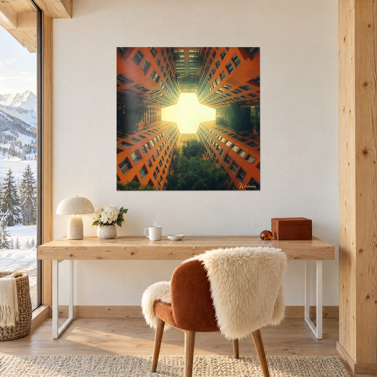 Gemälde einer schwindelerregenden Perspektive auf orangefarbene Wände mit Fenstern, goldweißer Himmel, Laub, über einem hellen Schreibtisch im Chalet