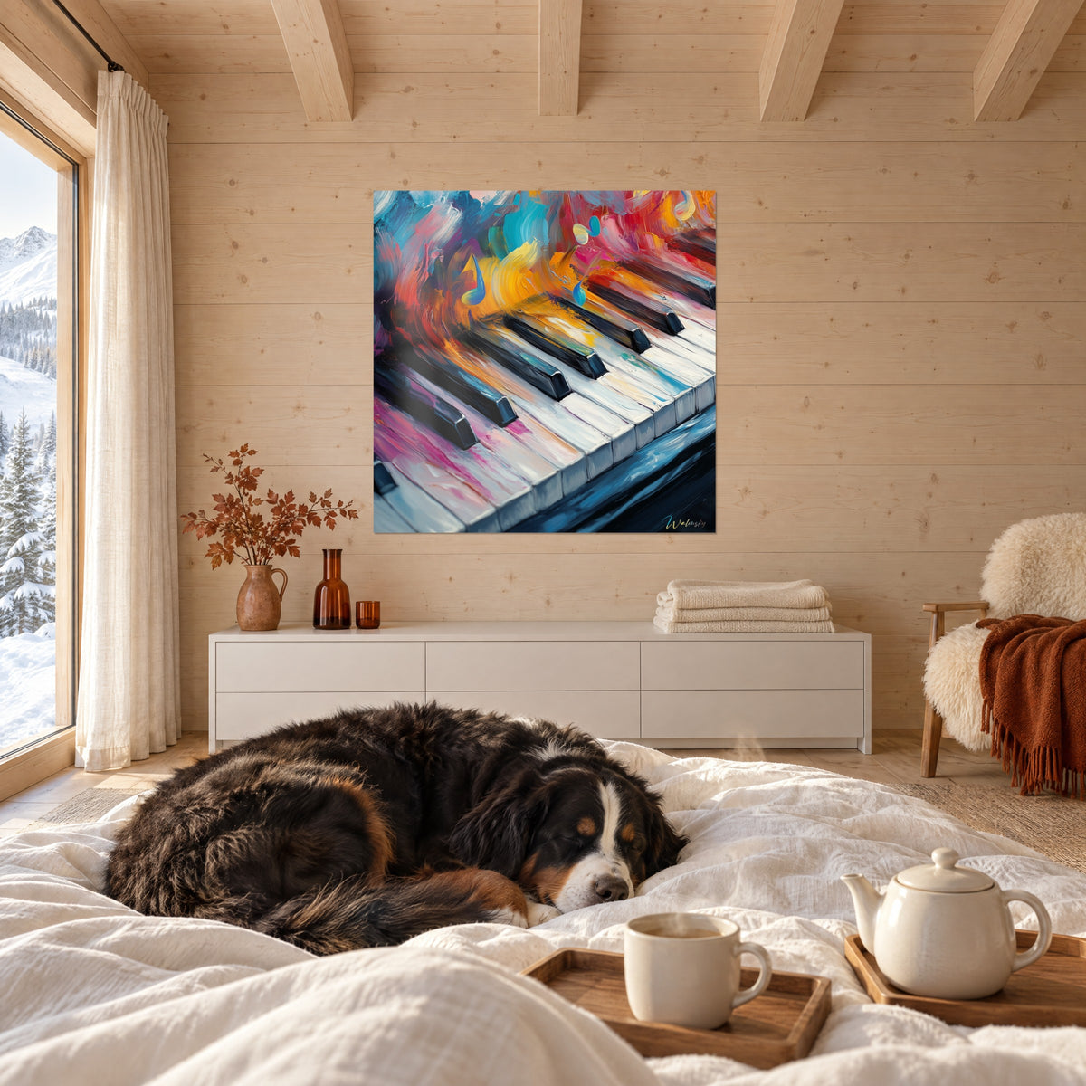Tableau notes de musique flottant sur un clavier, empâtements rouge vif et bleu cyan, au-dessus d'un lit dans une chambre claire