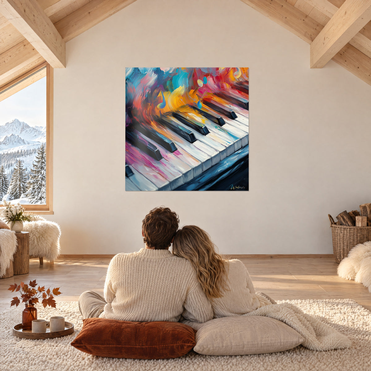 Tableau symphonie de couleurs sur un clavier de piano, orange flamboyant et turquoise, devant un couple enlacé sur un tapis du chalet
