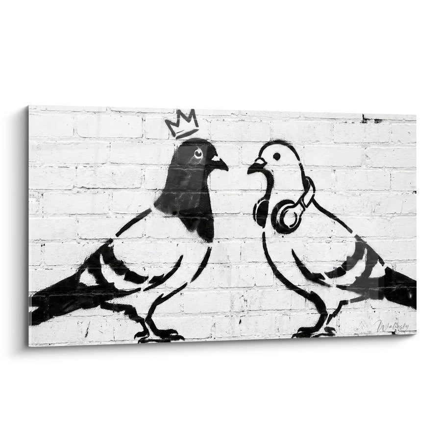Tableau Duo de Pigeons en Noir et Blanc avec Couronne et Casque - Rois de la Rue - Edition Street art pochoir