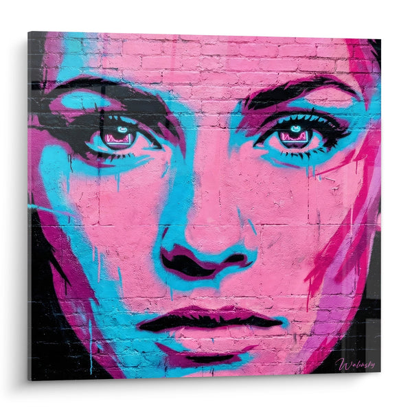 Schilderij vrouwengezicht roze en cyaan met doordringende ogen - Elektrische blik - Neon fluorescerende Street art editie